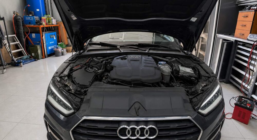 Моторный отсек Audi A5 2021 35 TDI с открытым капотом в Чип-Эксперт — chip-expert.pro