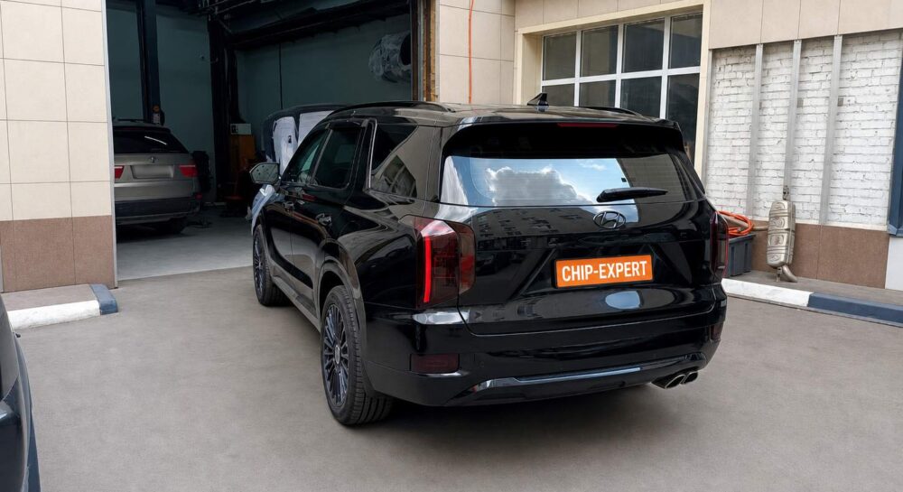 Чёрный Hyundai Palisade 2.2D 2019, вид сзади слева на территории автосервиса Чип-Эксперт — chip-expert.pro.