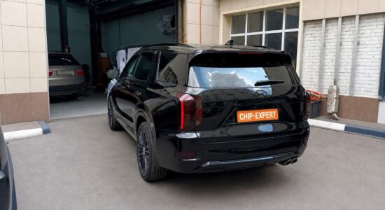 Чёрный Hyundai Palisade 2.2D 2019, вид сзади слева на территории автосервиса Чип-Эксперт — chip-expert.pro.